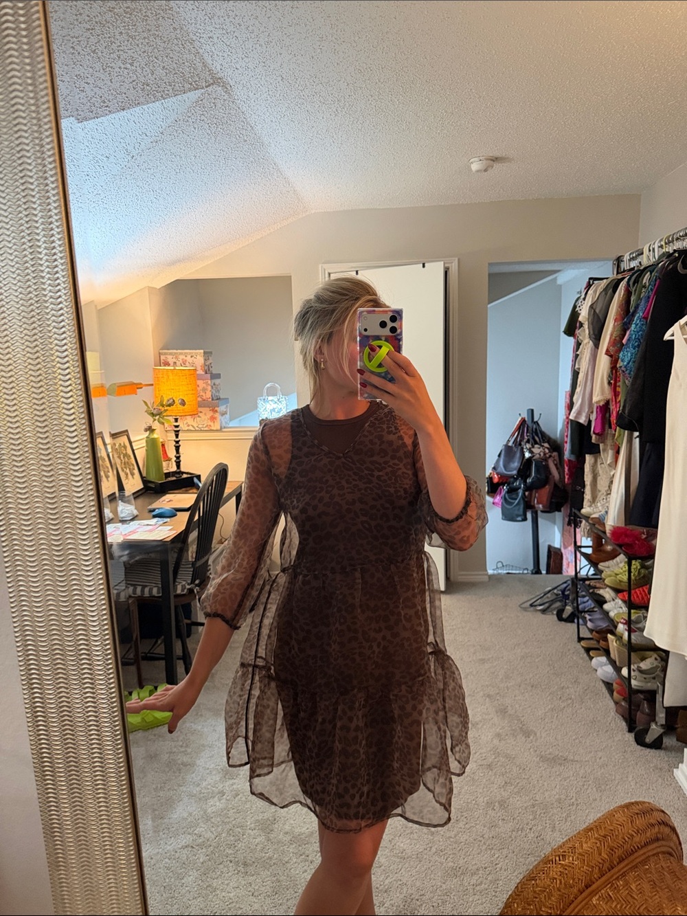 Sheer Brown Leopard Print Tiered Dress